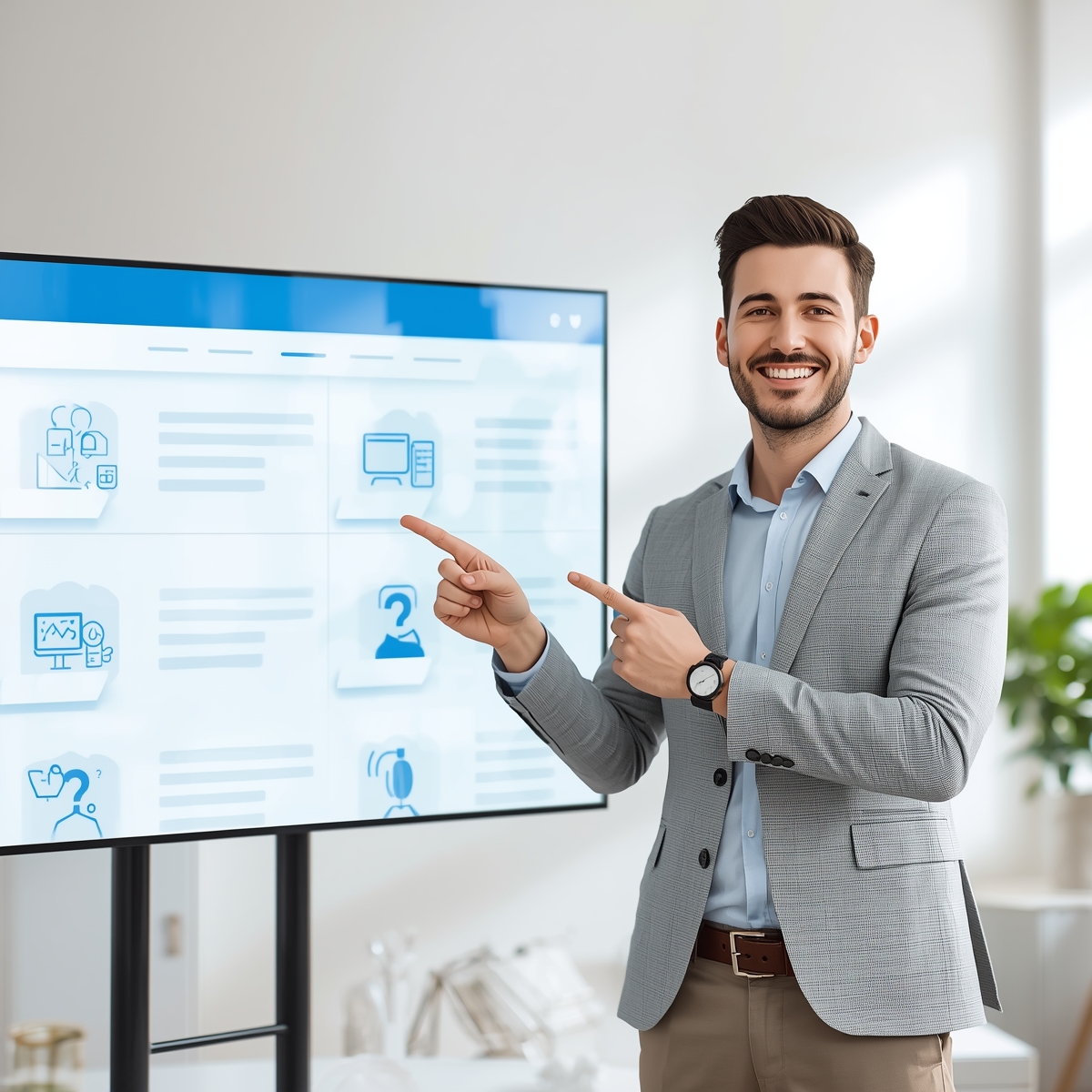 Lucid_Origin_A_friendly_professional_man_standing_beside_a_mod_0